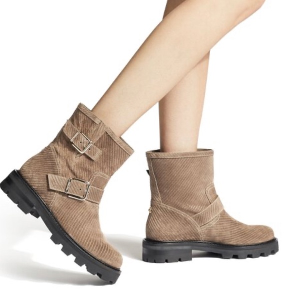 Jimmy Choo Leather Beige Clay Pull On Flat Ankle Suede Corduroy Buckle Boots - Picture 1 of 13